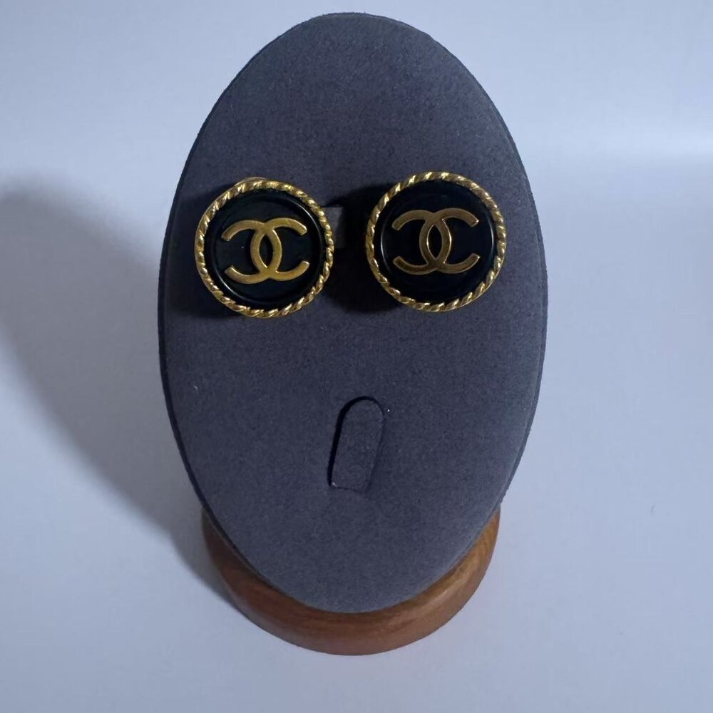 Chanel Vintage Coco Mark Double CC Black x Gold Round Clip On Earrings